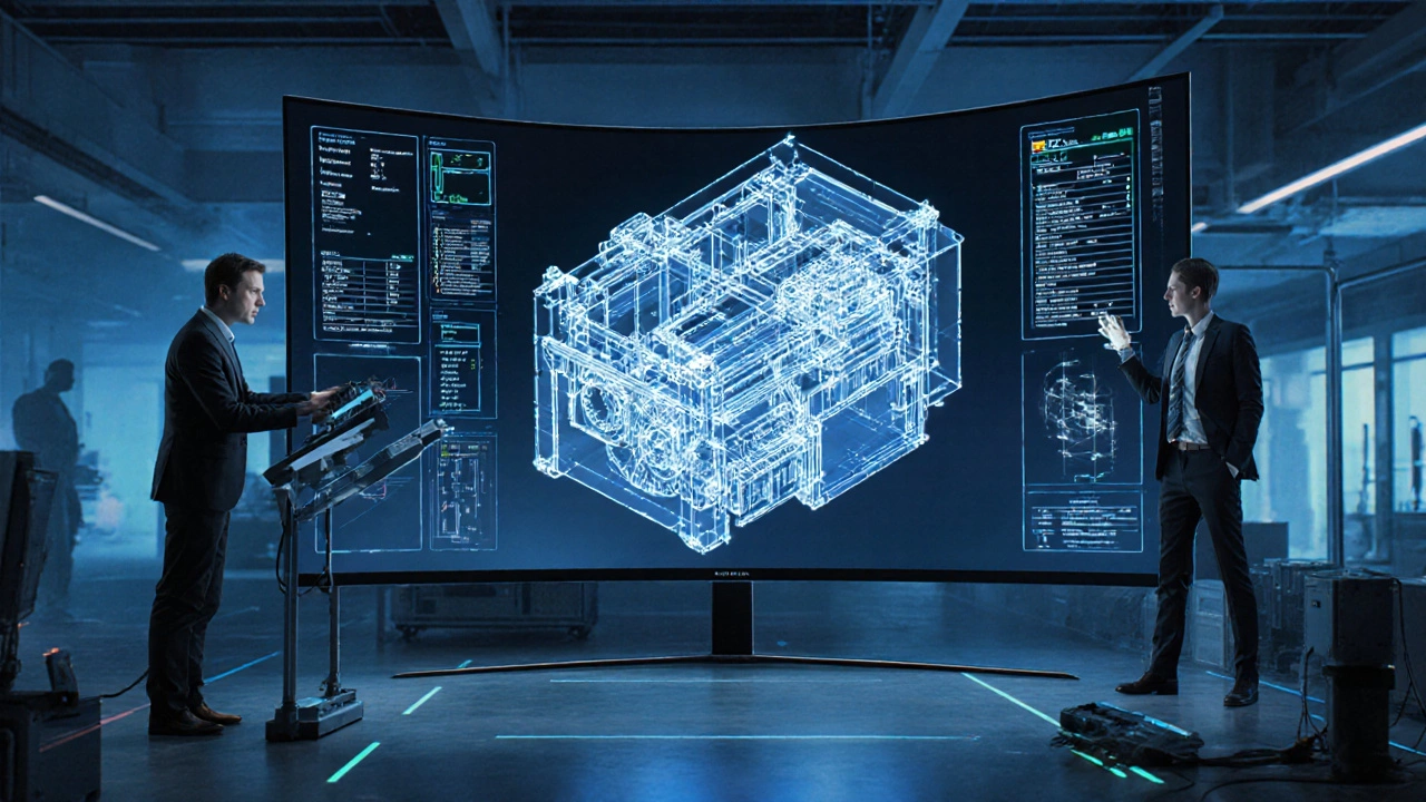 3‑D CAD модель машины вращается на экране, инженеры управляют голограммами.