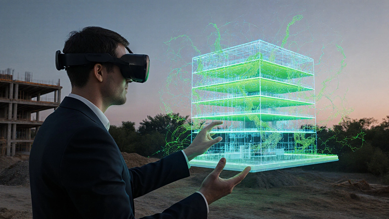 Архитектор в AR‑шлеме просматривает голограмму будущего здания.