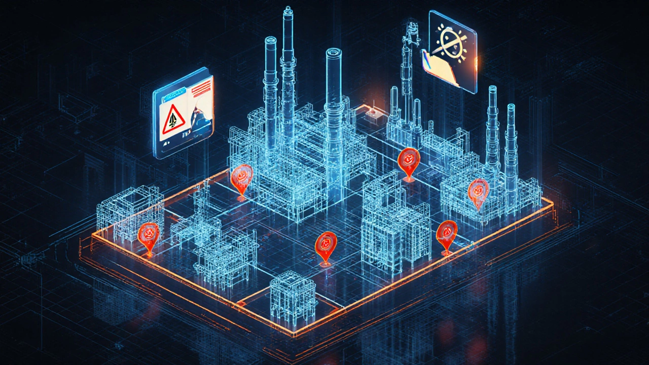 Цифровой двойник производственной линии с виртуальными предупреждениями об опасностях и AI-анализом поведения.