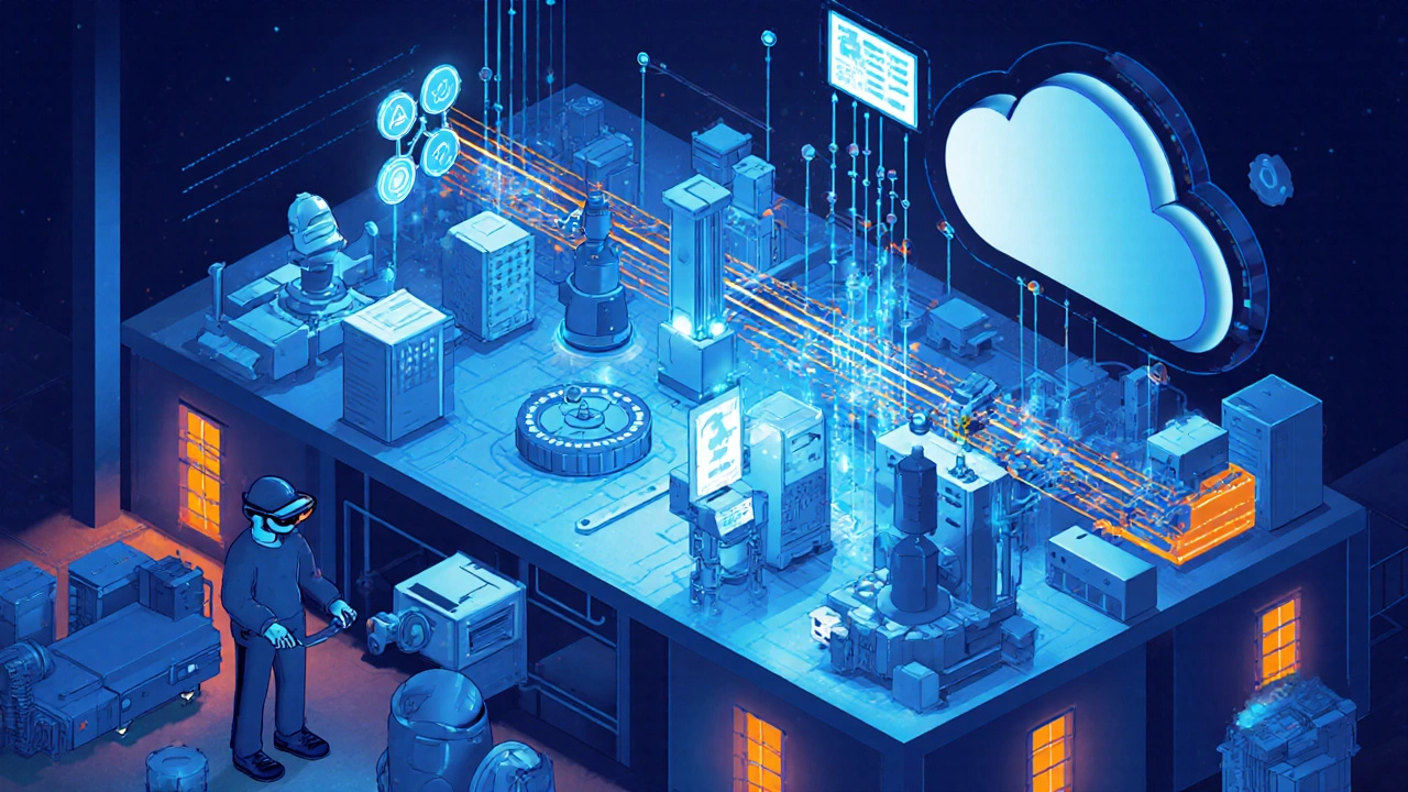 Цифровой двойник завода с ИИ, датчиками и инженерами в AR-очки, управляющими производством.