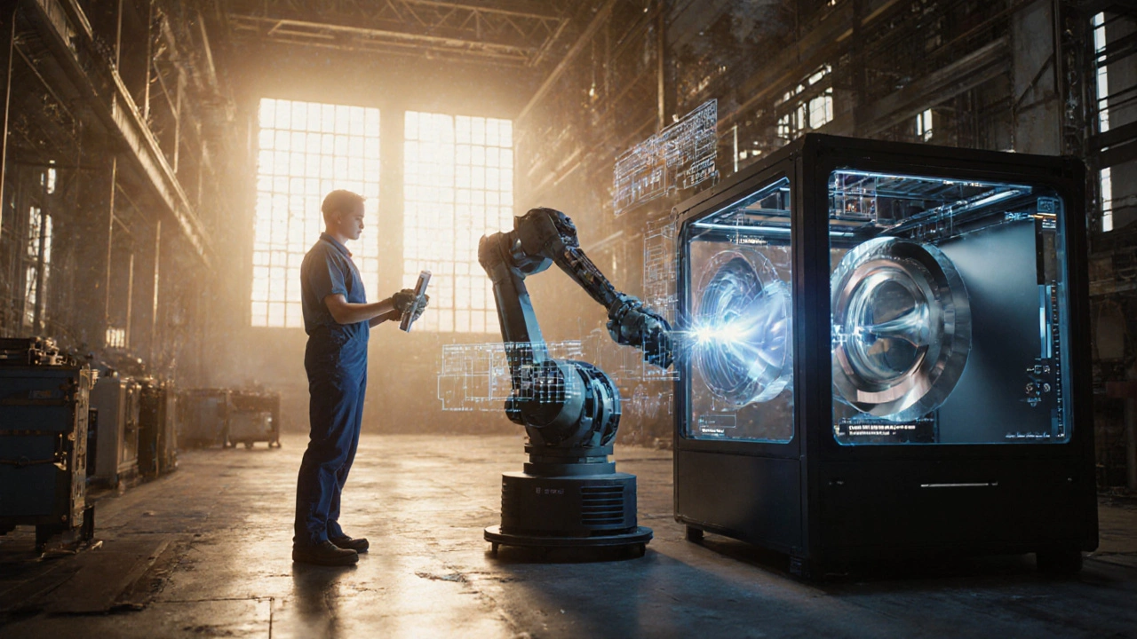 Инженер и робот-сотрудник печатают турбинную лопатку с голографическими интерфейсами.