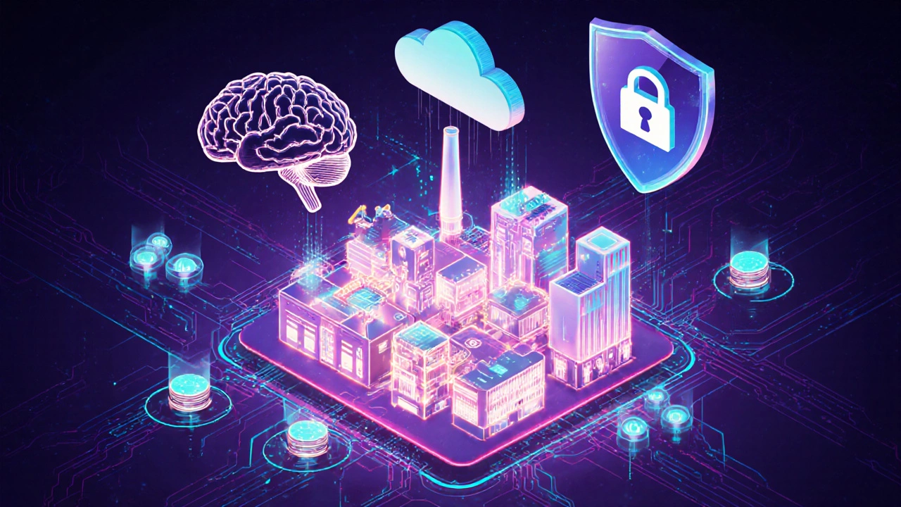 Концептуальная сцена Industry 4.0: цифровой двойник, AI‑аналитика, IoT‑сенсоры и кибер‑защита.