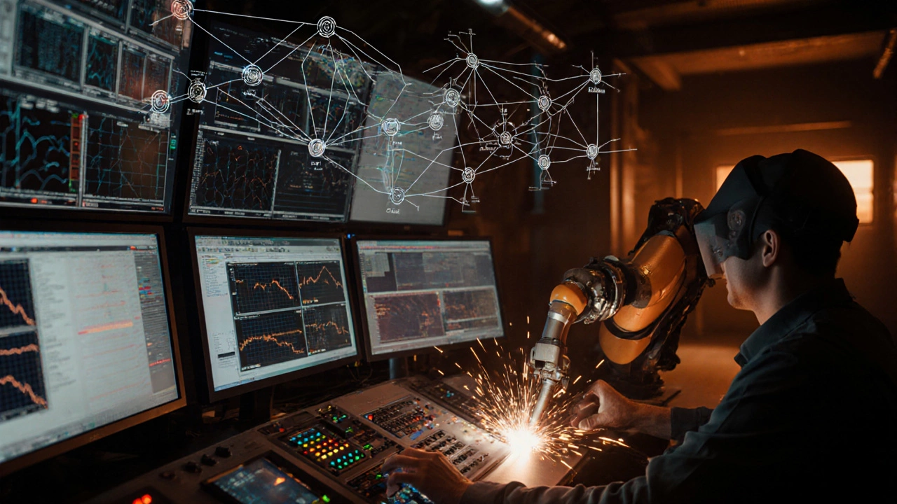 Операторы следят за процессом через SCADA‑экраны, рядом работает робот и система DCS.