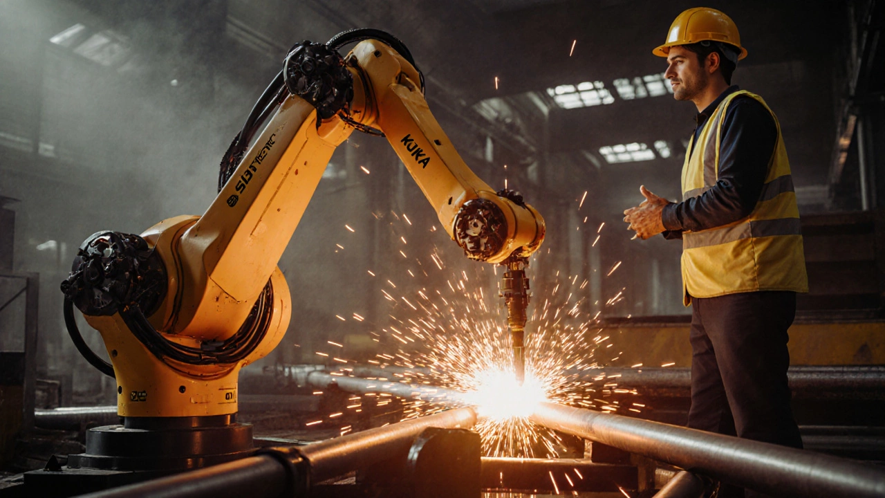 Робот‑манипулятор KUKA сварит стальные трубы, искры поднимаются, оператор наблюдает.