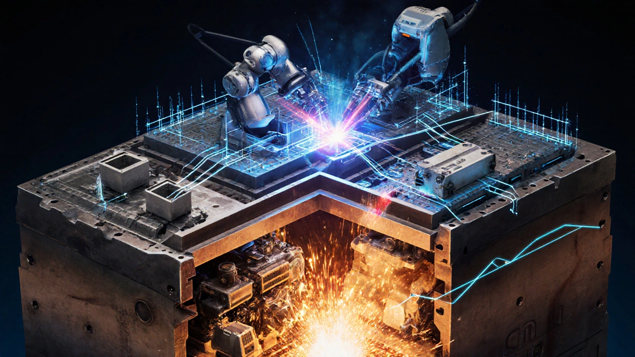 Слоистая иллюстрация литья, сварки и точной обработки деталей с потоками данных.