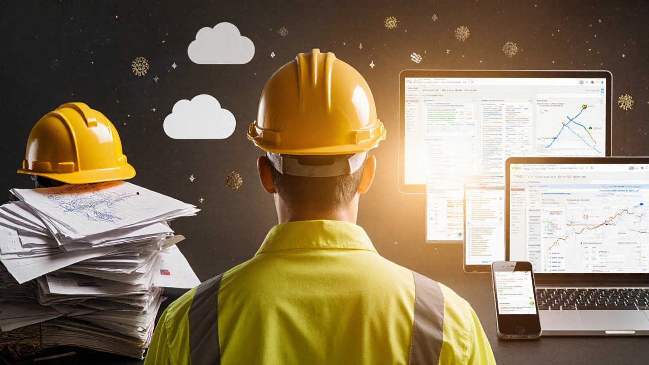 Специалист между бумажными журналами и цифровой панелью управления безопасностью, символизирующий переход к современным практикам.