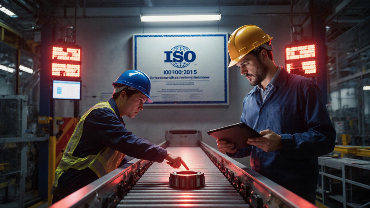 Аудитор останавливает линию из-за брака, рядом — сигналы и сертификат ISO 9001.
