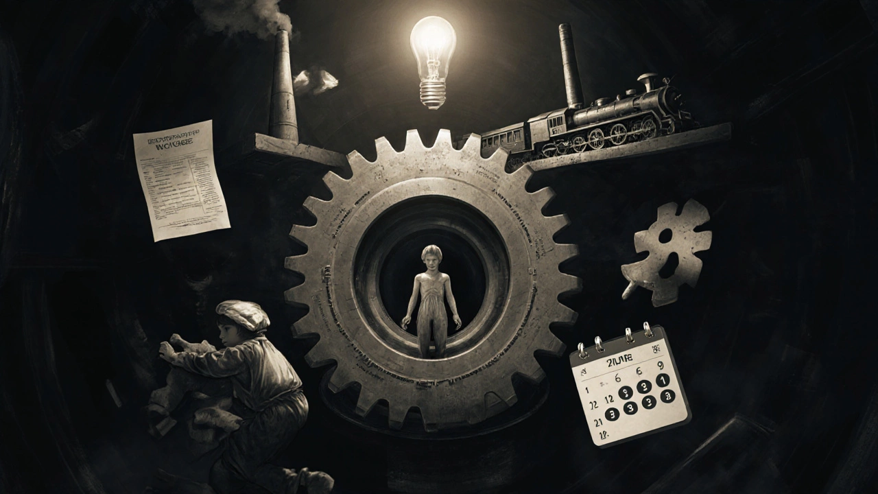 Человек как шестерня в огромных часах, символизирующий превращение труда в механизм времени.