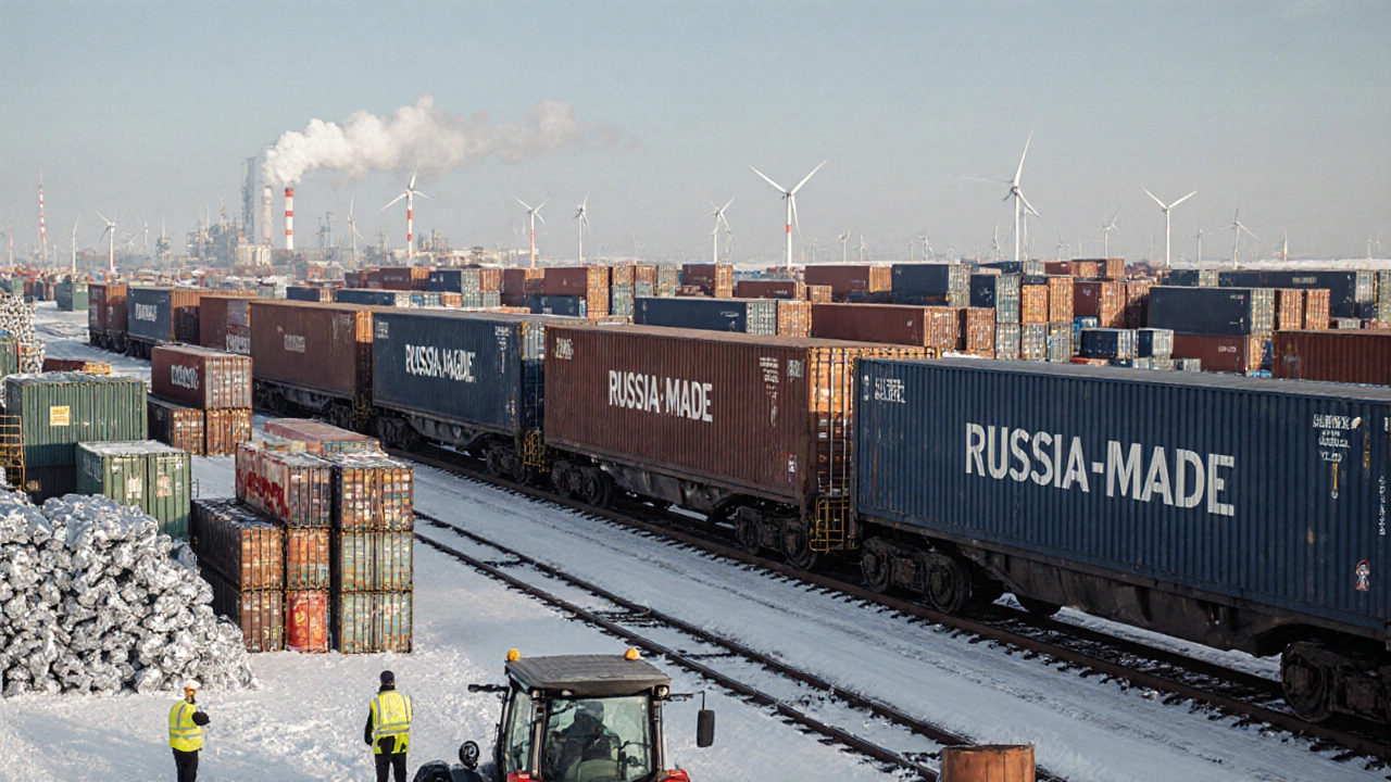 Экспортные контейнеры с российской техникой на железнодорожной станции в Сибири.