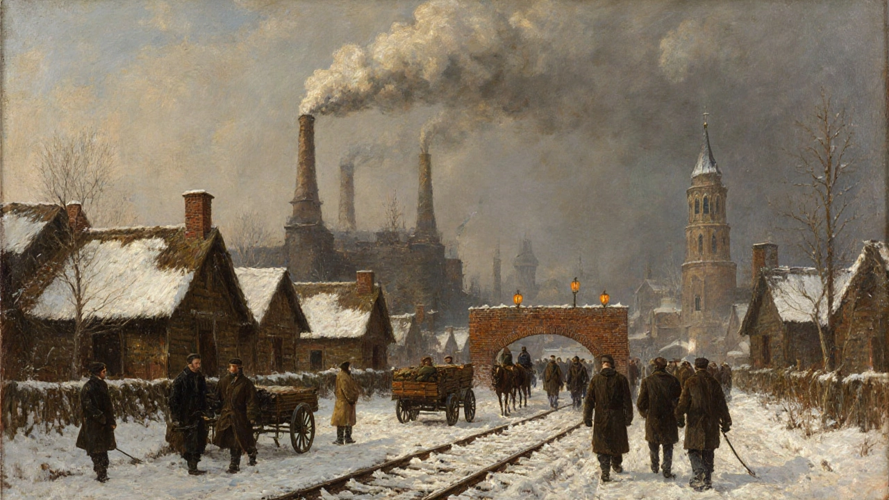 Городской пейзаж России 1850-х годов: фабрики растут среди деревенских хижин, рабочие идут на работу.