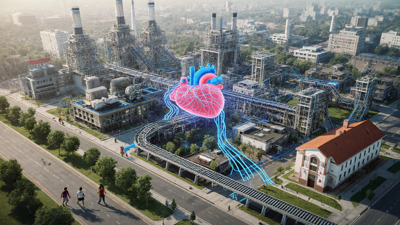 Индустриальный город как живой организм, где заводы поддерживают жизнь людей.