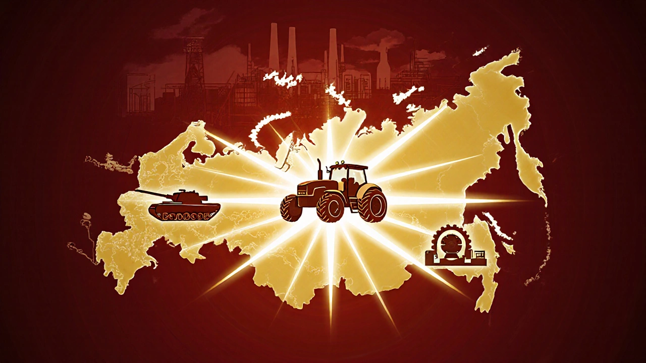 Карта России с индустриальными узлами, соединёнными светом, символизирующая технологическую независимость.