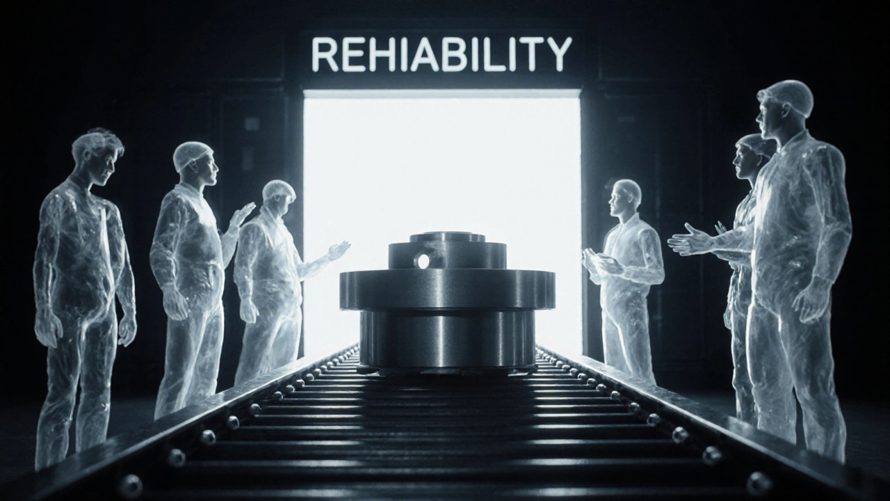 Металлическая деталь на конвейере, окруженная прозрачными фигурами, символизирующими принципы качества.