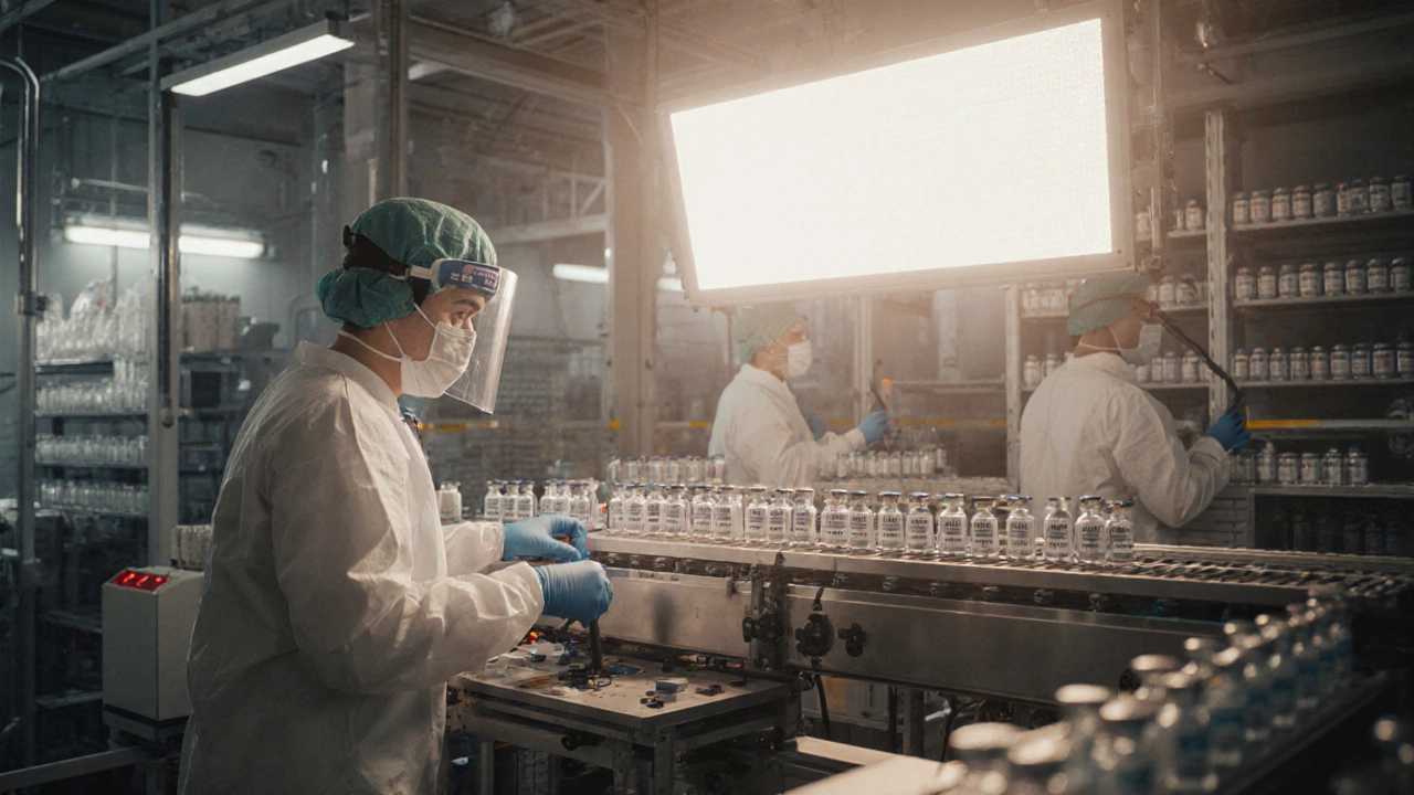 Рабочие на автоматизированной линии упаковывают медицинские препараты в чистом цеху.