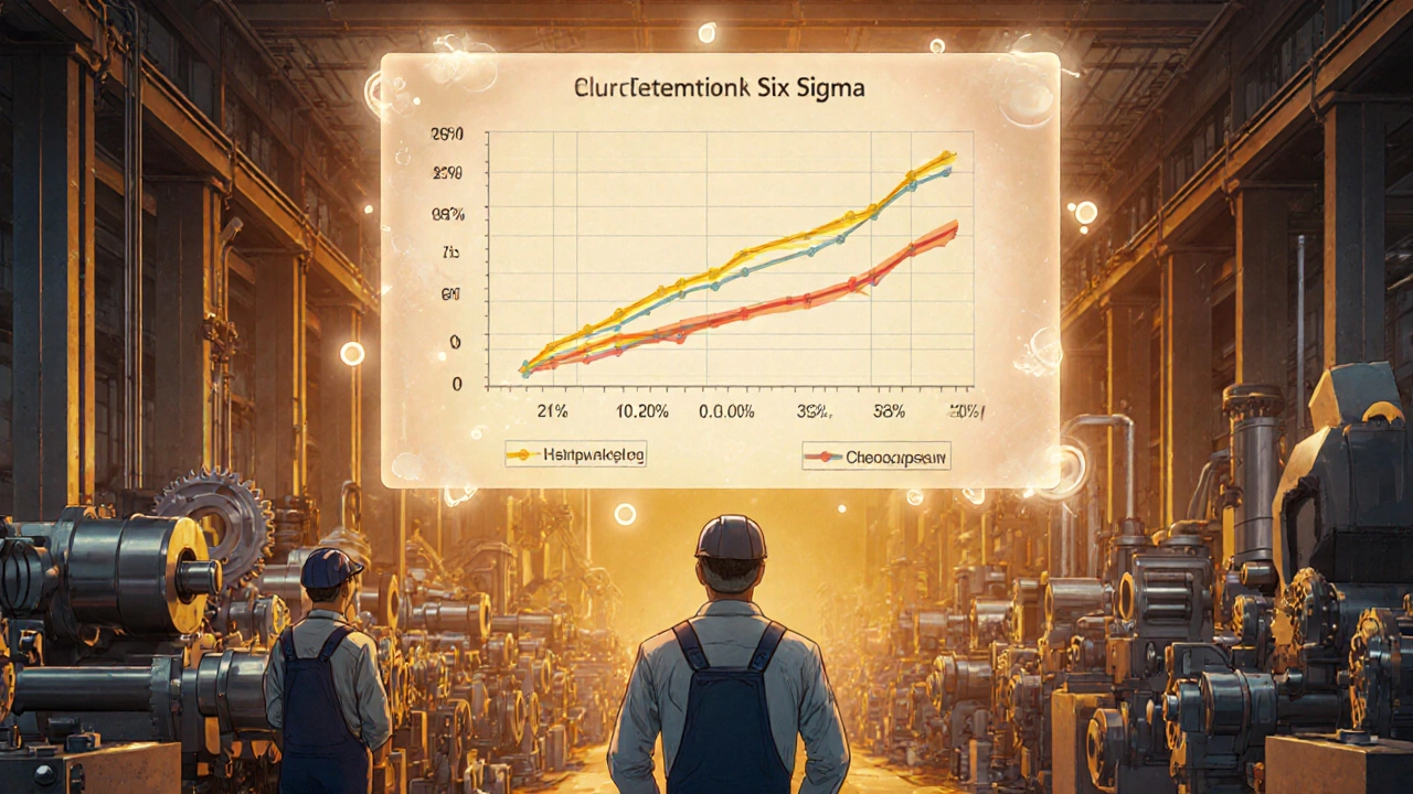 Рабочие наблюдают за анимированной диаграммой снижения брака с 12% до 0,002% на производственной линии.