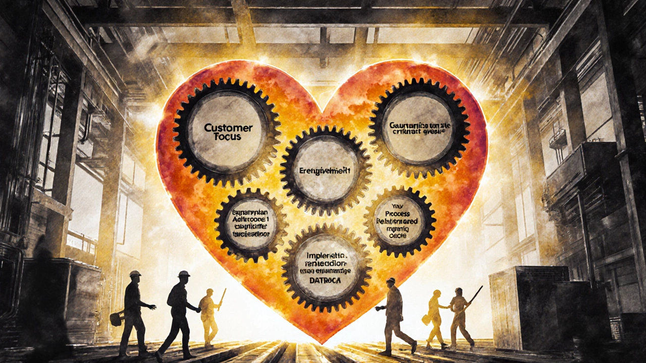 Семь взаимосвязанных шестерёнок, каждая с названием принципа менеджмента качества, вращаются вместе.