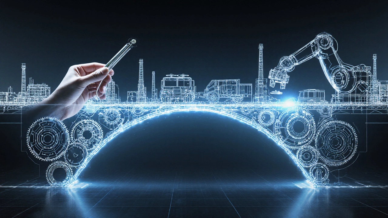 Символический мост из шестерён и цифровых линий соединяет чертёж с станком.