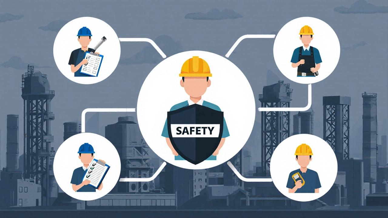 Система охраны труда: работодатель, специалист, бригадир и рабочие вместе поддерживают безопасность.