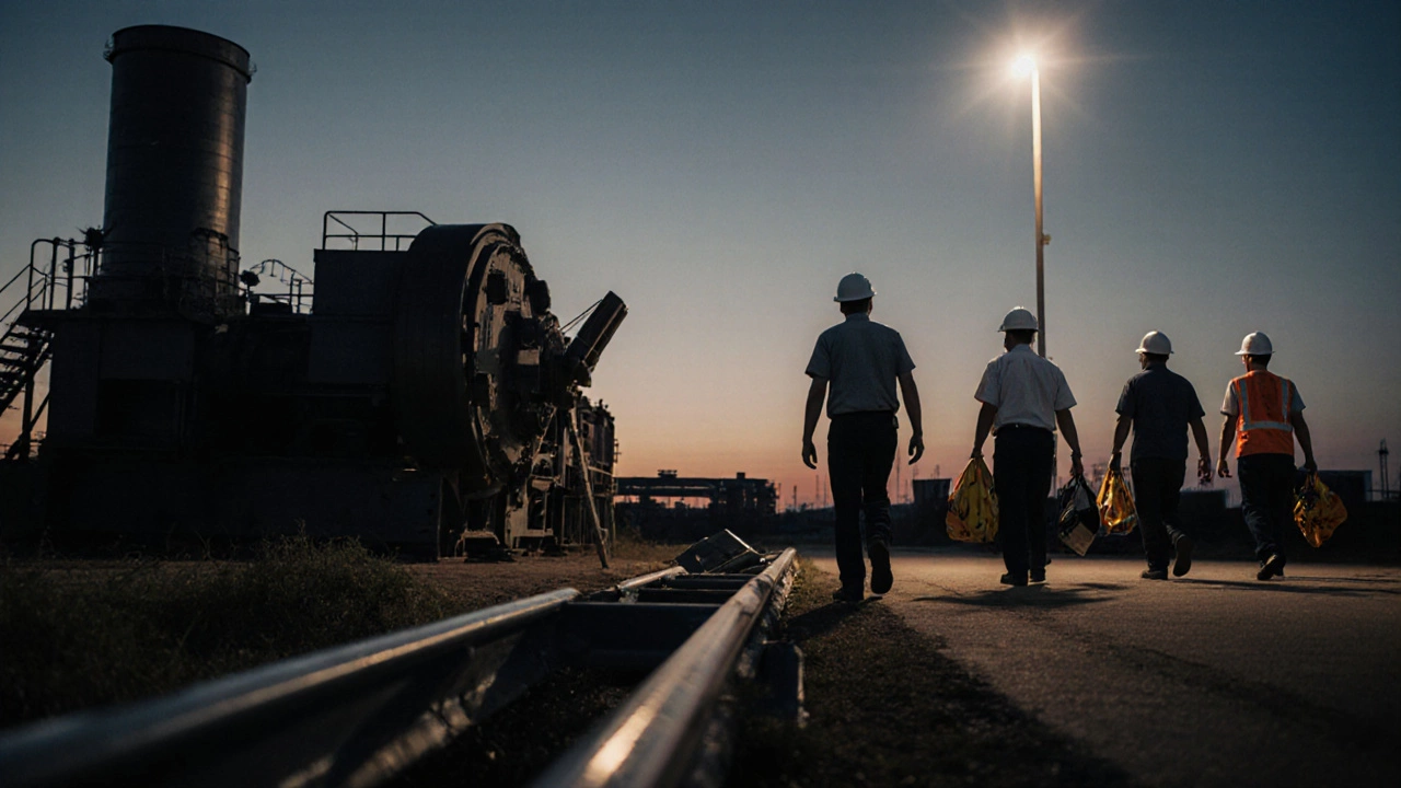 Сломанное ограждение и четыре человека, идущие к нему с оборудованием, символизируют совместную ответственность.