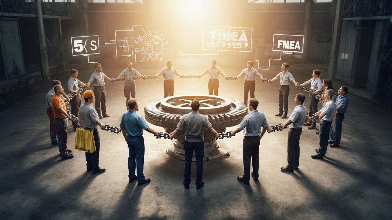 Сотрудники разных профессий держат шестерёнки, образуя цепь вокруг турбины, символизируя общую ответственность за качество.