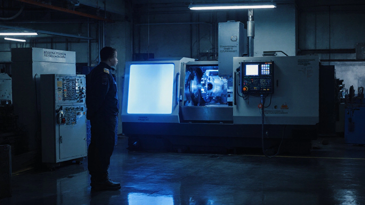 Современный станок с ЧПУ в Калуге с российскими контроллерами, подсвеченный синим светом.