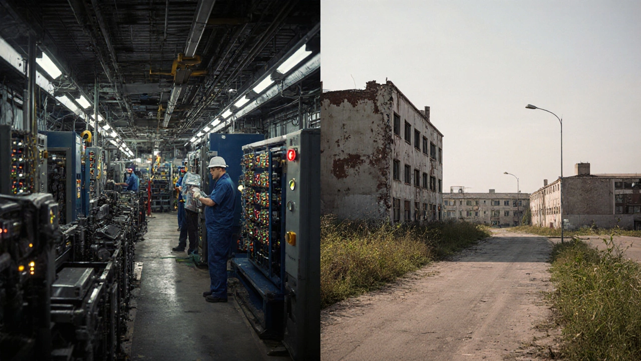 Сравнение: активный завод слева и заброшенный — справа, с пустыми улицами.