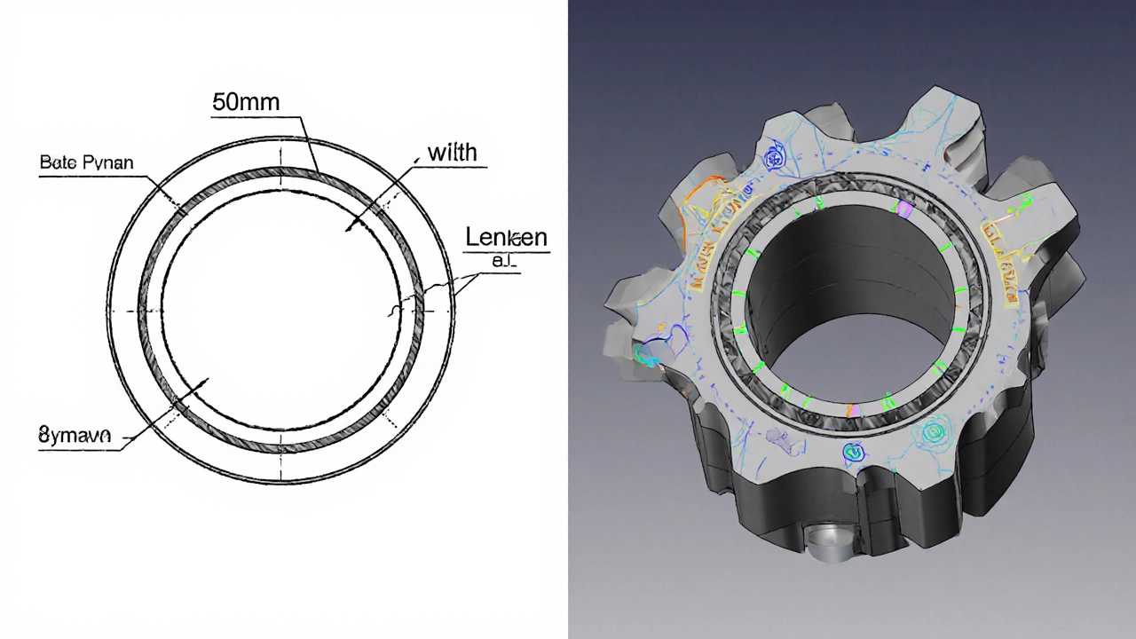 Сравнение ручного чертежа и точной 3D-модели детали с обозначениями ГОСТ.
