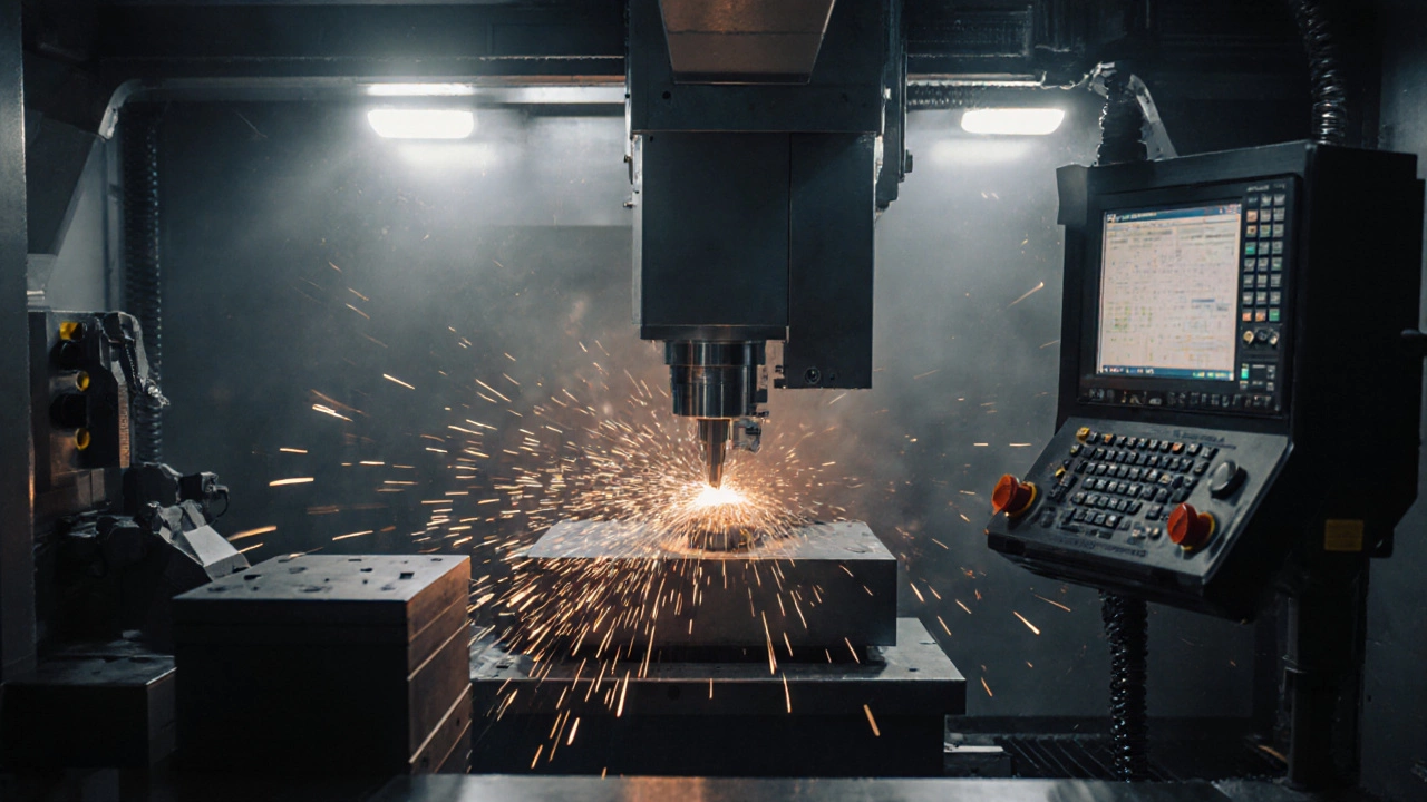 Станок с ЧПУ обрабатывает металлическую деталь в производственном цеху.