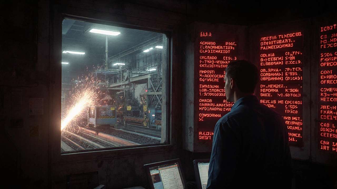 Техник в панике смотрит на мигающие красные сигналы в центре управления остановленным производством.