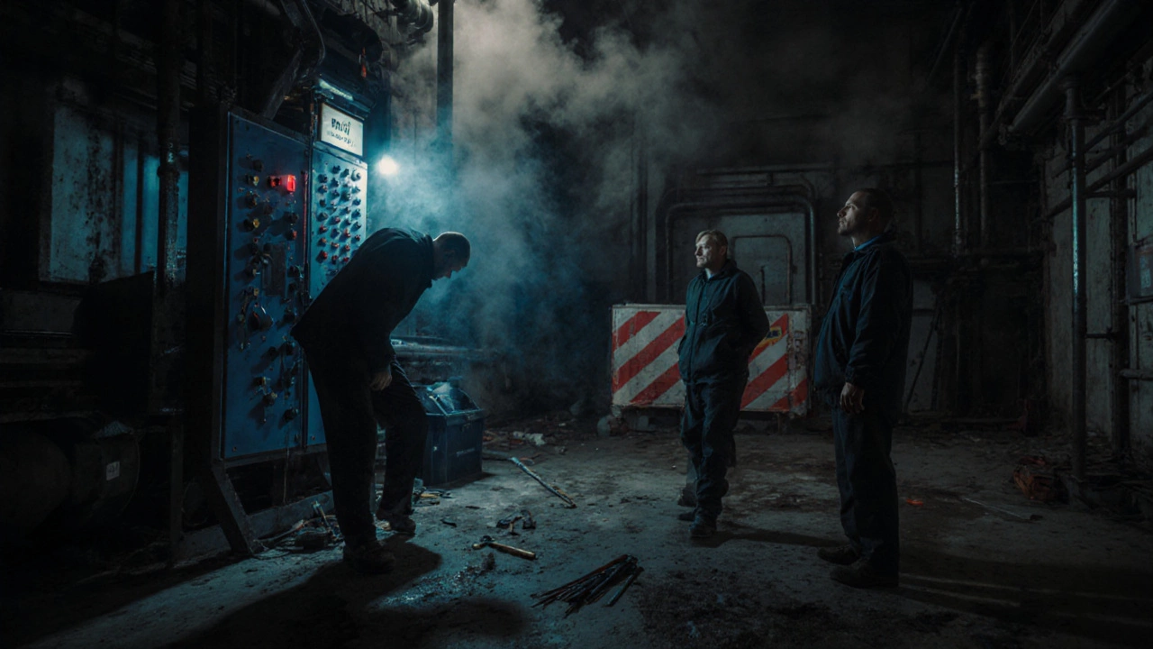 Техник заменяет датчик газа на ночном производстве, автоматическая система останавливает станок.