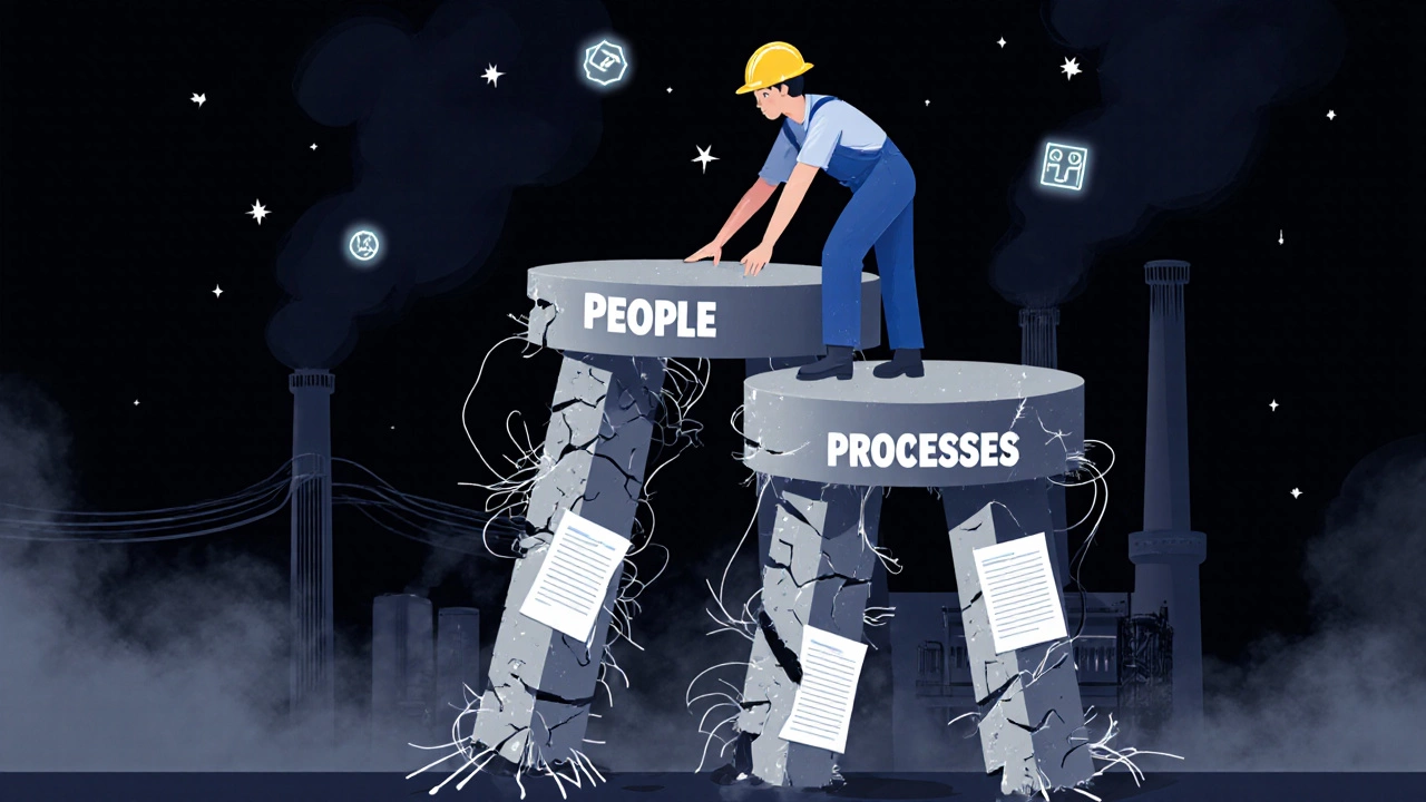 Трехногий табурет безопасности рушится, работник пытается его восстановить среди дыма и света.