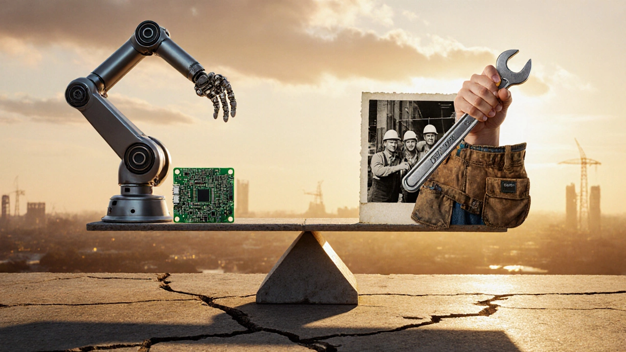 Весы: с одной стороны — робот, с другой — рука с инструментом и фото работников, символизирующие утрату навыков.