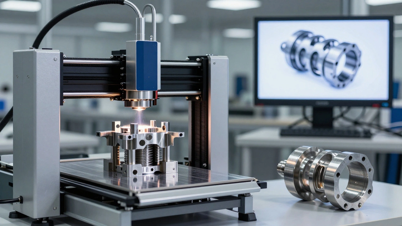 3D-печать титановой детали для бурового оборудования на фоне традиционной литой заготовки.