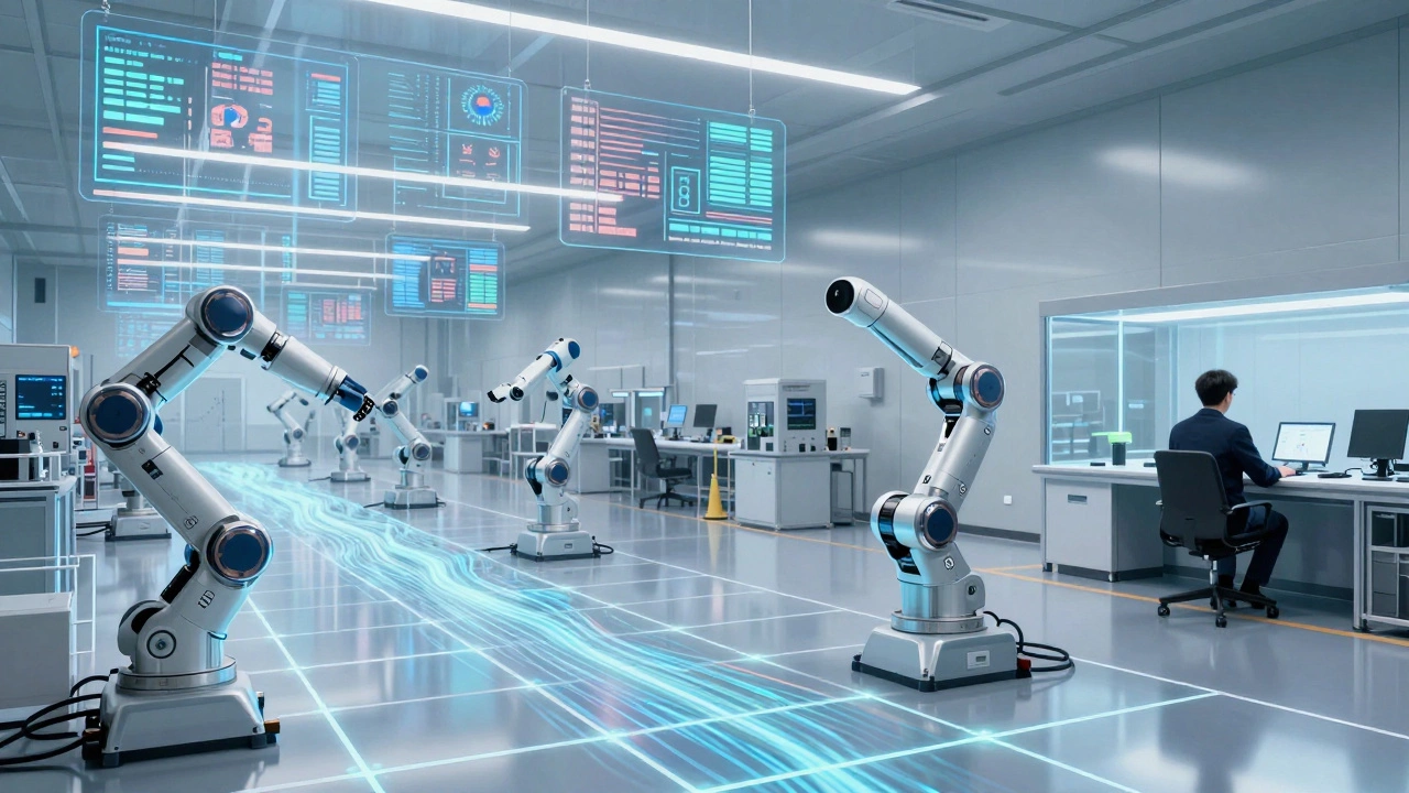 Автономный корейский завод по производству чипов с ИИ-роботами и цифровыми потоками данных.