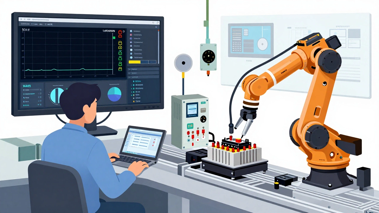Инженер в центре управления анализирует данные SCADA, в то время как робот на производственной линии выполняет точную задачу.