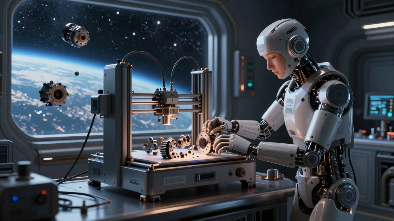 Космическая станция с 3D-принтером, создающим запчасти в невесомости, под звёздным небом.