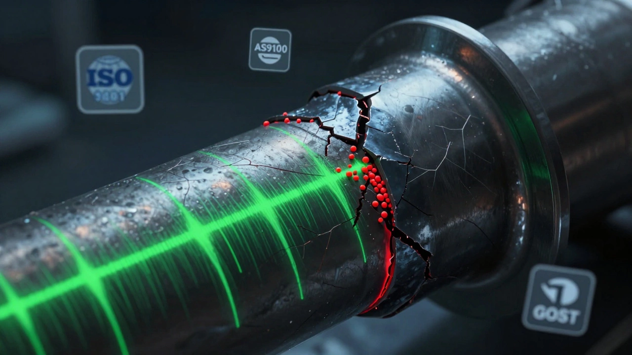 Микроскопические трещины в лопатке турбины выявлены с помощью ультразвука и магнитной дефектоскопии.