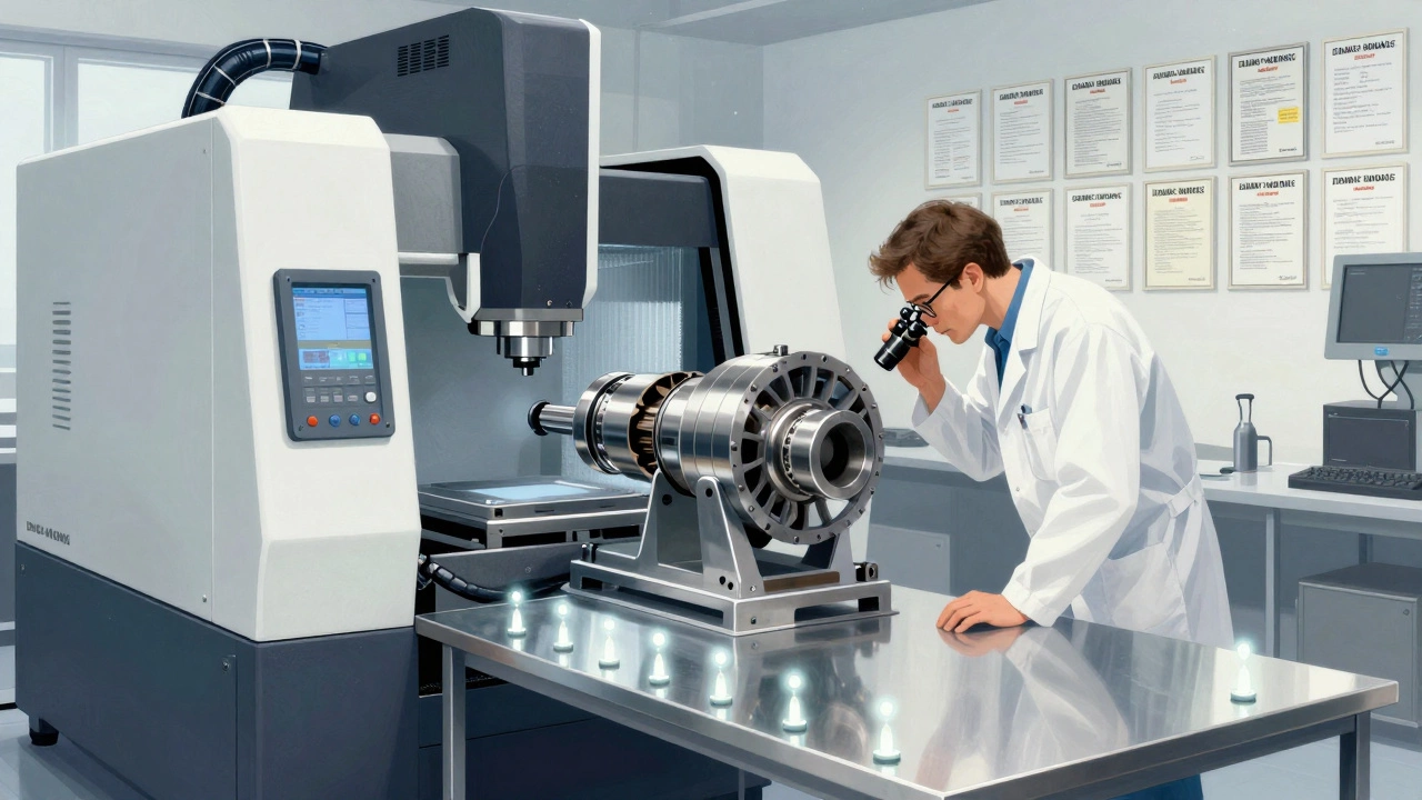 Немецкая мастерская с прецизионными станками и инженерами, проверяющими детали турбины.