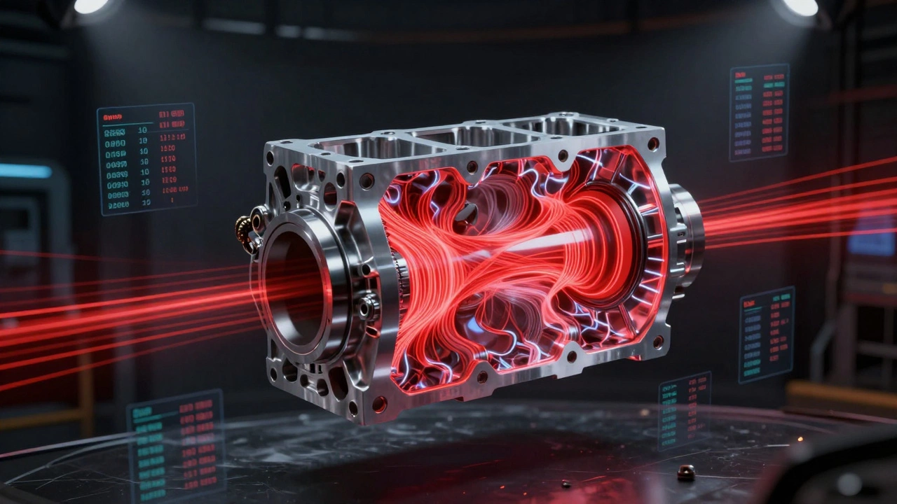 Прозрачная деталь с красными зонами напряжений, показывающими результаты симуляции нагрузки.