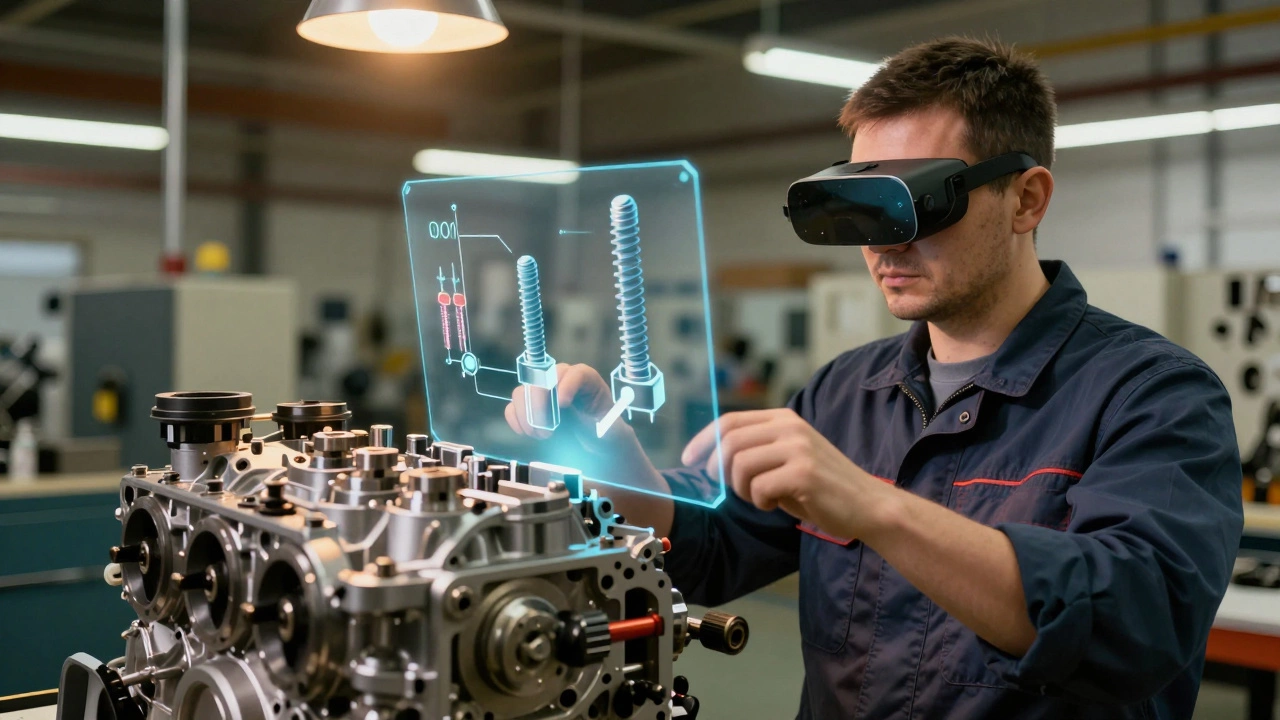 Рабочий использует AR-очки для сборки агрегата с накладываемыми 3D-инструкциями.