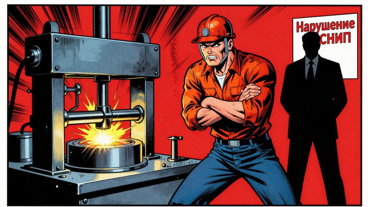 Рабочий отказывается работать на опасном прессе, работодатель игнорирует предупреждение, искры летят от оборудования.