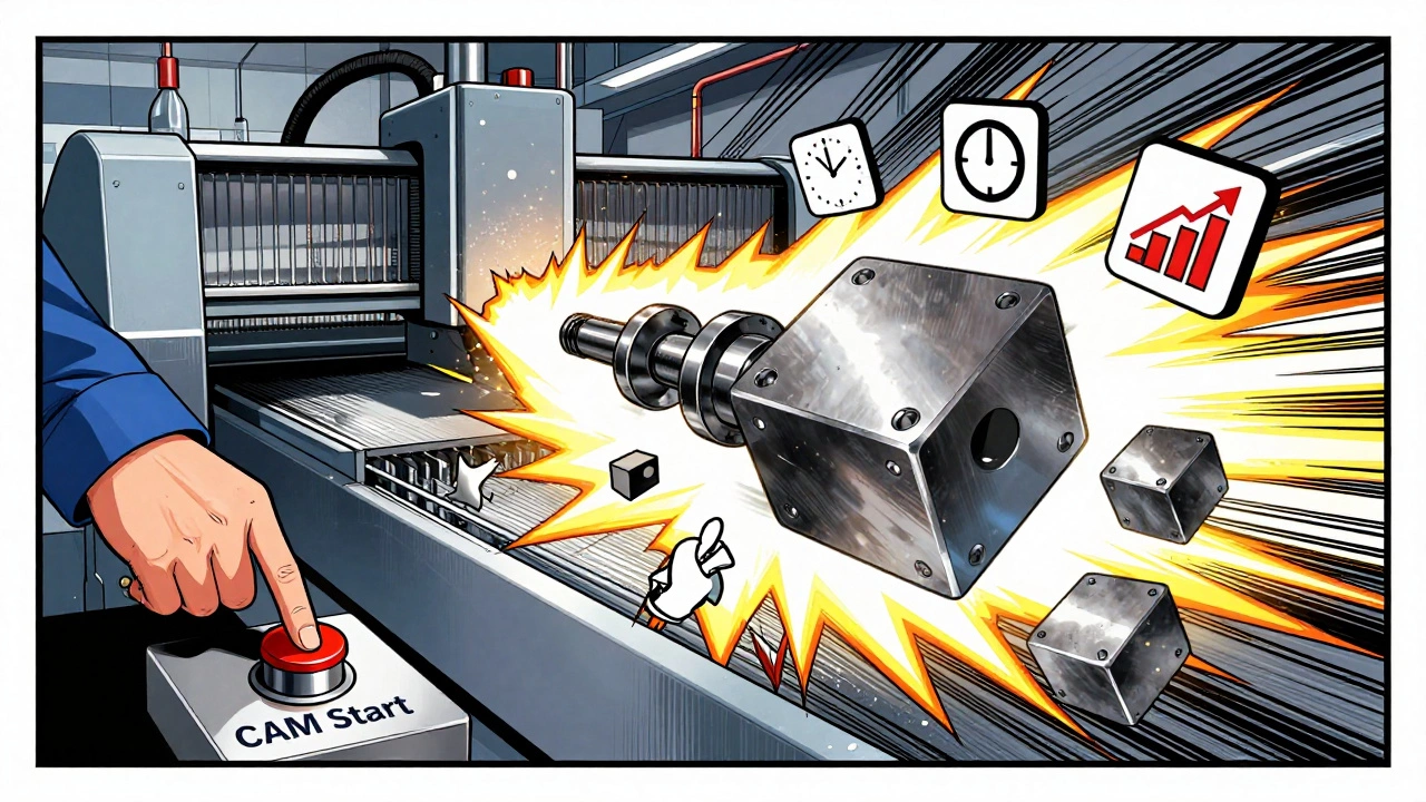 Рабочий запускает CAM-систему, и металлическая заготовка мгновенно превращается в готовую деталь.