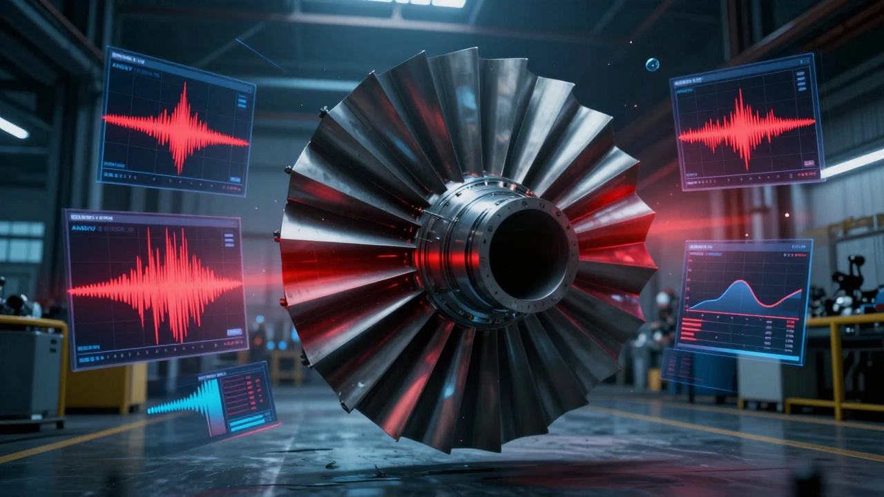 Разрушающаяся лопатка турбины с цифровыми данными симуляции напряжений и усталости.