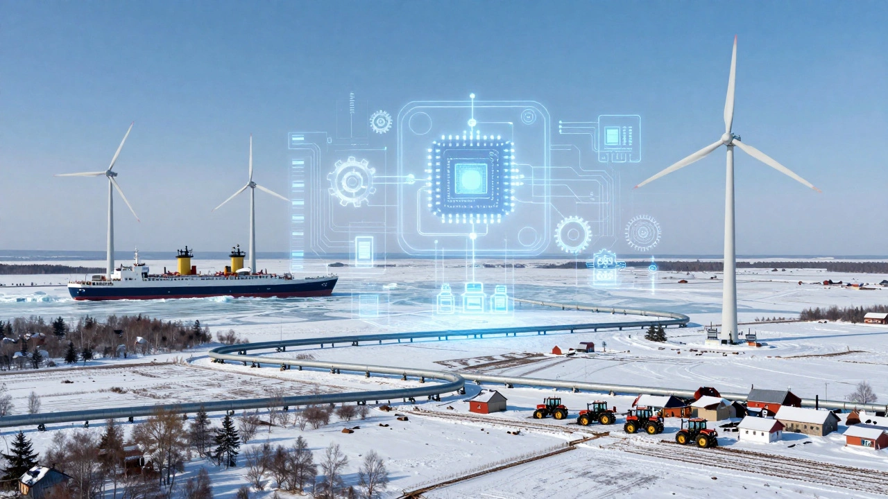 Российская зимняя пейзажная сцена с турбинами, ледоколами и электротракторами, соединёнными цифровыми сетями.