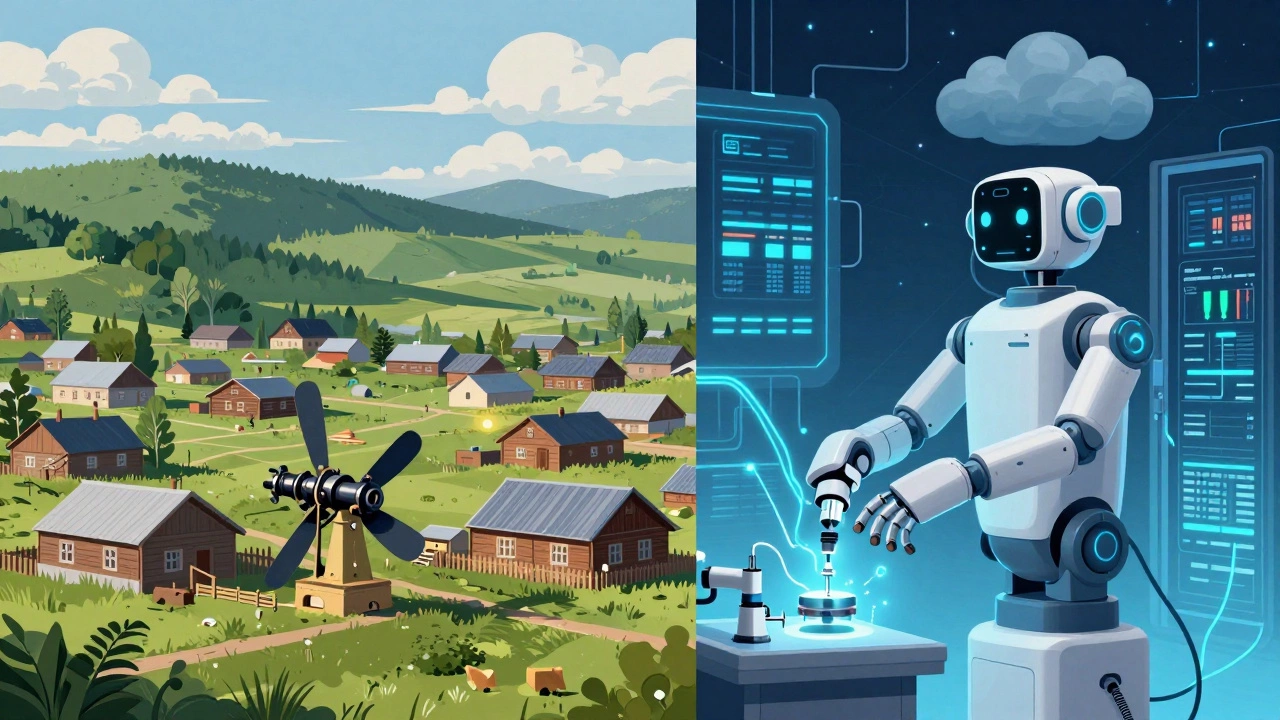 Сельская деревня в Сибири с гидротурбиной и современный робот-хирург, соединённые потоками данных.