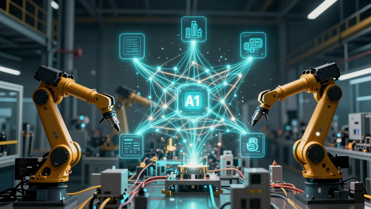 Сеть IoT, ИИ и роботов, образующих автономную промышленную систему с предиктивным обслуживанием.