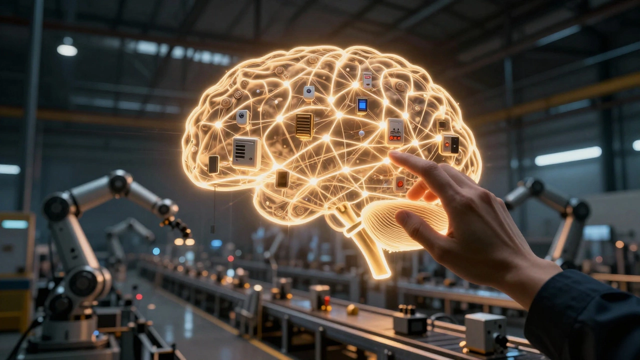 Схема умной системы автоматизации с человеческой рукой, вносящей корректировки в сеть датчиков и роботов.