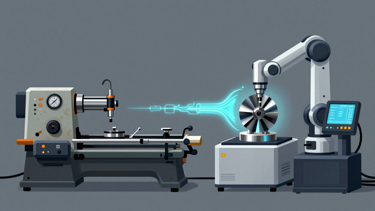 Сравнение старого станка и современного 3D-принтера в стиле технического рисунка.