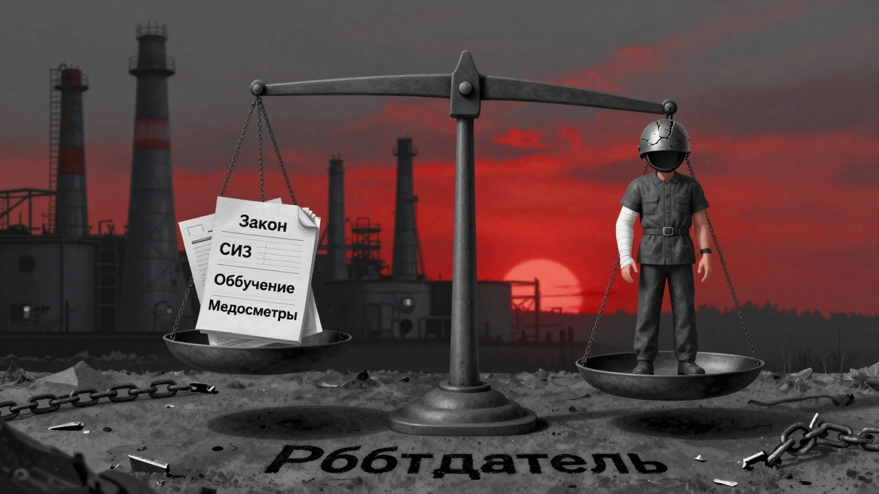 Весы с мерами безопасности на одной стороне и травмированный рабочий на другой, позади — завод на закате.