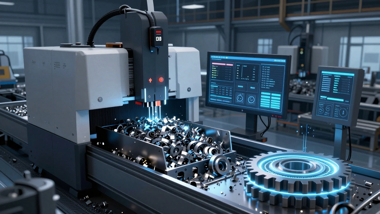 Датчики IoT на станке фиксируют отклонения, а 3D-напечатанная шестерня с охлаждающими каналами светится.